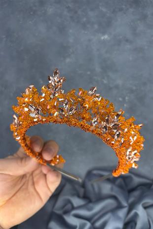 Turuncu Doğa Boncuklu Gelin Kına Tacı Gelin Saç Aksesuarı