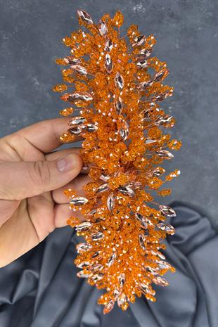 Turuncu Elena Yoğun Boncuk İşlemeli Gelin Tacı Saç Ve Türban Aksesuarı