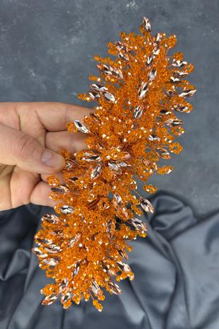 Turuncu Elena Yoğun Boncuk İşlemeli Gelin Tacı Saç Ve Türban Aksesuarı