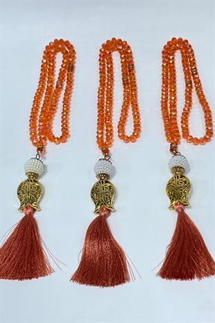 Turuncu Hediyelik Laleli Püsküllü Kristal Boncuklu 99 Lu Namaz Tesbihi ( Mevlüt-sünnet-hac-umre)