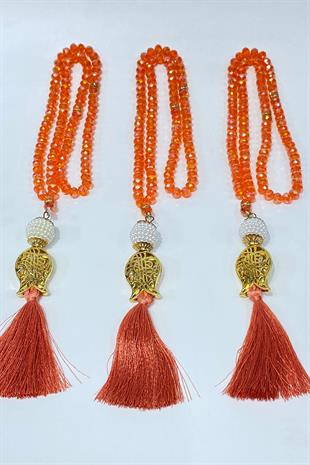 Turuncu Hediyelik Laleli Püsküllü Kristal Boncuklu 99 Lu Namaz Tesbihi ( Mevlüt-sünnet-hac-umre)