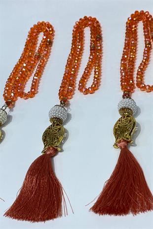 Turuncu Hediyelik Laleli Püsküllü Kristal Boncuklu 99 Lu Namaz Tesbihi ( Mevlüt-sünnet-hac-umre)