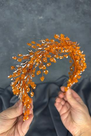 Orange Hera Crystal Beaded Bridal Henna Tiara Hair and Turban Accessory