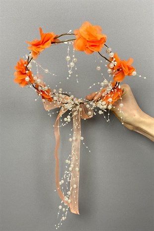 Turuncu Lazer Çiçekli Özel Tasarım Nedime Tacı 