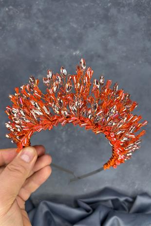 Orange Maria Heavily Embroidered Crystal Bridal Henna Crown Hair Accessory