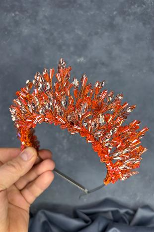 Orange Maria Heavily Embroidered Crystal Bridal Henna Crown Hair Accessory