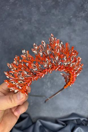 Orange Maria Heavily Embroidered Crystal Bridal Henna Crown Hair Accessory