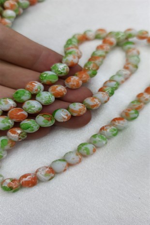 Turuncu Yeşil Desenli Dizi Cam Boncuk 8 mm