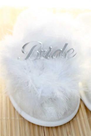 Tüylü Bride Terlik Gümüş Gelin Terliği