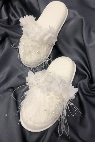 Feathered Pearls Postpartum Slippers and Floral Crown