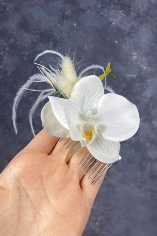 Tüylü Orkideli Taraklı Gelin Aksesuarı Saç Tokası