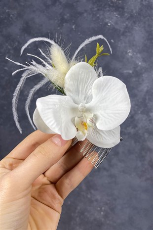 Tüylü Orkideli Taraklı Gelin Aksesuarı Saç Tokası