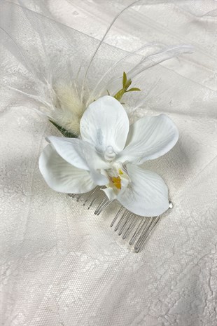 Tüylü Orkideli Taraklı Gelin Aksesuarı Saç Tokası
