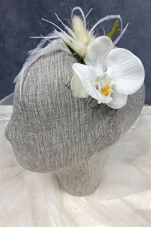 Tüylü Orkideli Taraklı Gelin Aksesuarı Saç Tokası