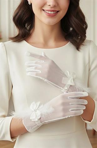 Modern Bridal Gloves with Feathered Transparent Pearl Bow Embellishment