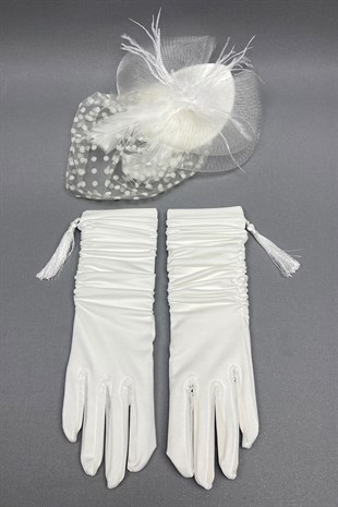 Long Tasseled Bridal Gloves and Polka Dot Wedding Hat  Face Veils