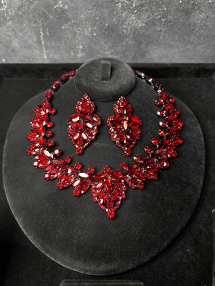 Kırmızı Velin Taşlı Su Yolu Kolye Küpe Set Lüks Işıltılı Gelin Düğün Abiye Takı
