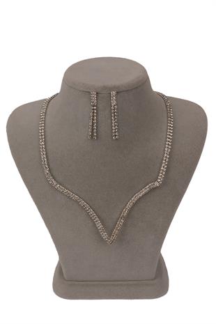 Vendi Kristal Taşlı Abiye Kolye Küpe Seti Ve Çiçek Gelin Tacı