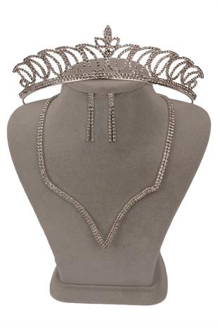 Vendi Kristal Taşlı Abiye Kolye Küpe Seti Ve Lale Gelin Tacı