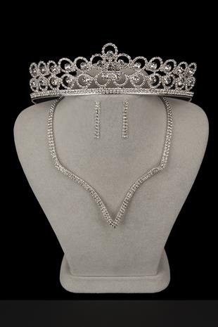 Vendi Kristal Taşlı Abiye Kolye Küpe Seti Ve Çiçek Gelin Tacı