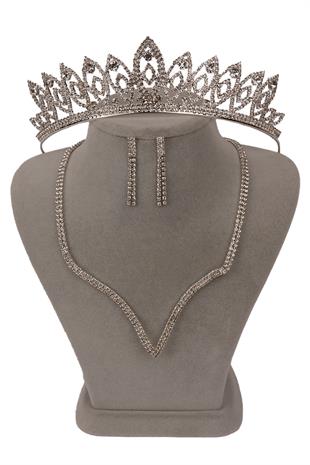 Vendi Kristal Taşlı Abiye Kolye Küpe Seti Ve İnce Yaprak Gelin Tacı