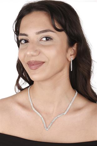 Vendi Kristal Taşlı Abiye Kolye Küpe Seti Ve Gül Gelin Tacı