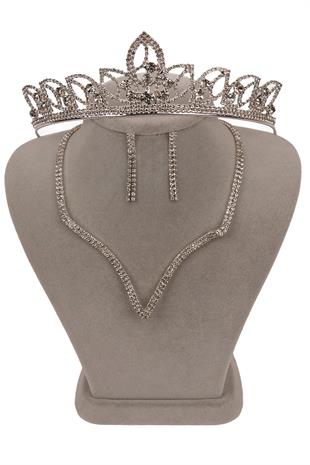 Vendi Kristal Taşlı Abiye Kolye Küpe Seti Ve Yaprak Gelin Tacı