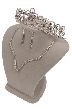 Vendi Kristal Taşlı Abiye Kolye Küpe Seti Ve Çiçek Gelin Tacı