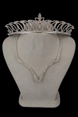 Vendi Kristal Taşlı Abiye Kolye Küpe Seti Ve Lale Gelin Tacı