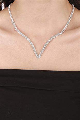 Vendi Kristal Taşlı Abiye Kolye Küpe Seti Ve İnce Yaprak Gelin Tacı