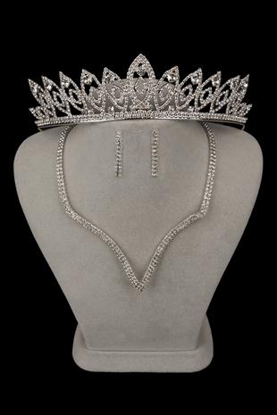 Vendi Kristal Taşlı Abiye Kolye Küpe Seti Ve İnce Yaprak Gelin Tacı