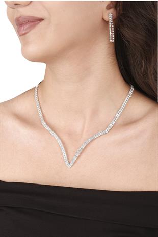 Vendi Kristal Taşlı Abiye Kolye Küpe Seti Ve Lale Gelin Tacı