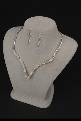 Vendi Kristal Taşlı Abiye Kolye Küpe Seti Ve Lale Gelin Tacı