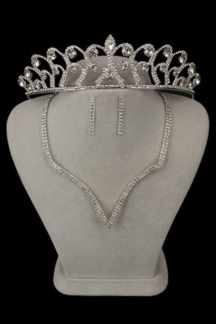 Vendi Kristal Taşlı Abiye Kolye Küpe Seti Ve Gül Gelin Tacı