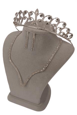 Vendi Kristal Taşlı Abiye Kolye Küpe Seti Ve Gül Gelin Tacı