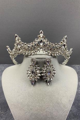 Venedik Taşlı Gelin Tacı Ve Damla Küpe Seti