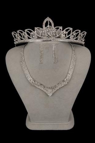 Vera Kristal Taşlı Abiye Kolye Küpe Seti Ve Yaprak Gelin Tacı