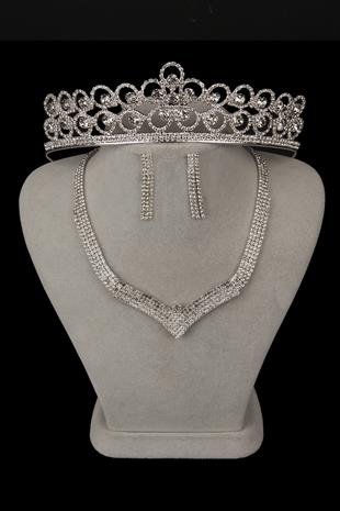 Vera Kristal Taşlı Abiye Kolye Küpe Seti Ve Çiçek Gelin Tacı