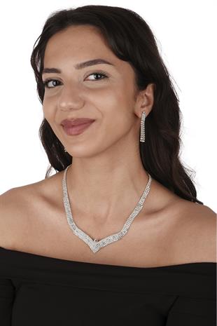 Vera Kristal Taşlı Abiye Kolye Küpe Seti Ve Yaprak Gelin Tacı