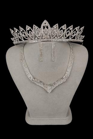 Vera Kristal Taşlı Abiye Kolye Küpe Seti Ve İnce Yaprak Gelin Tacı