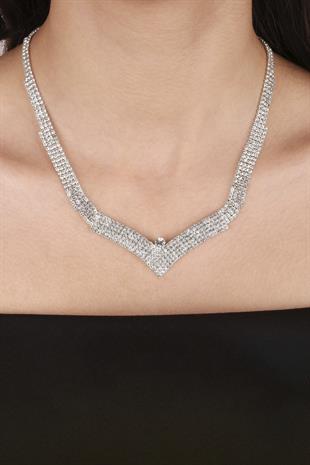 Vera Kristal Taşlı Abiye Kolye Küpe Seti Ve Gül Gelin Tacı