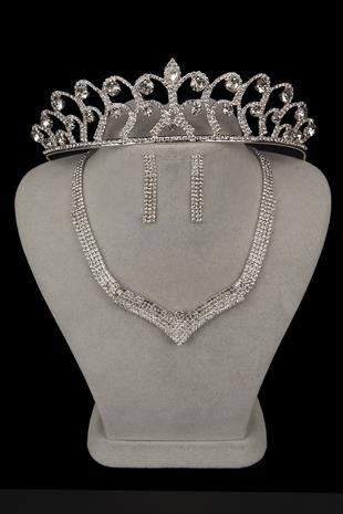 Vera Kristal Taşlı Abiye Kolye Küpe Seti Ve Gül Gelin Tacı