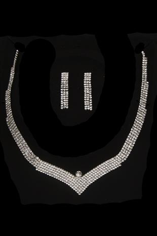 Vera Kristal Taşlı Abiye Kolye Küpe Seti Ve Yaprak Gelin Tacı