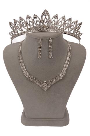 Vera Kristal Taşlı Abiye Kolye Küpe Seti Ve İnce Yaprak Gelin Tacı