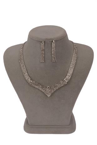 Vera Kristal Taşlı Abiye Kolye Küpe Seti Ve İnce Yaprak Gelin Tacı