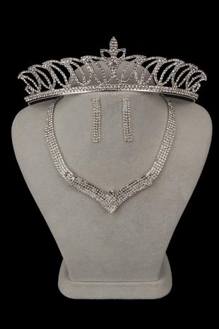 Vera Kristal Taşlı Abiye Kolye Küpe Seti Ve Lale Gelin Tacı