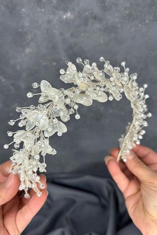 Verassi Mine İşlemeli Sedefli Kristalli Gelin Tacı Saç Aksesuarı