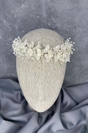 Verassi Mine İşlemeli Sedefli Kristalli Gelin Tacı Saç Aksesuarı