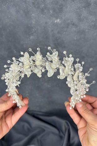 Verassi Mine İşlemeli Sedefli Kristalli Gelin Tacı Saç Aksesuarı