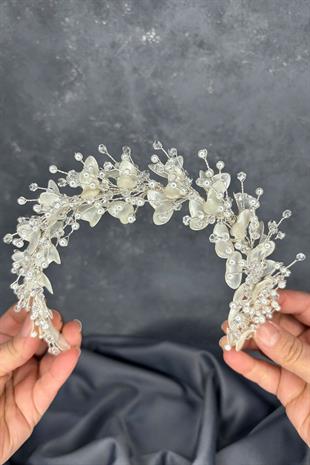 Verassi Mine İşlemeli Sedefli Kristalli Gelin Tacı Saç Aksesuarı